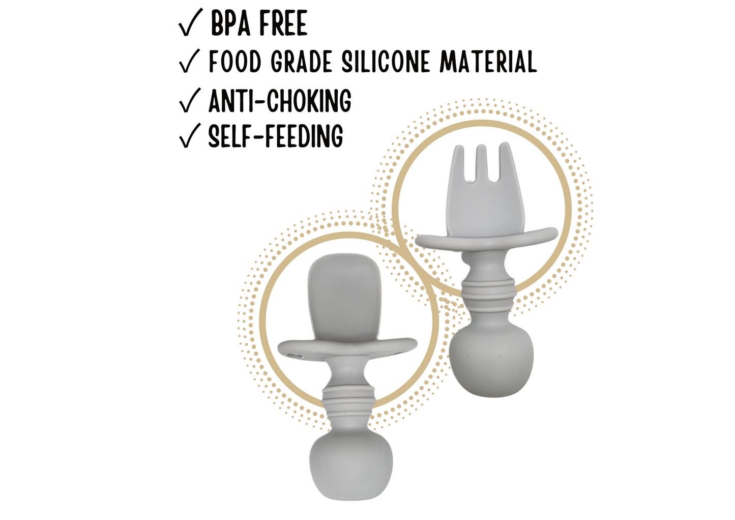 *BUY 3 GET 2 FREE* 2 Pack Silicone Baby Spoons and Fork Feeding Set- Anti-Choke First Self Feeding Utensils for Baby Led Weaning Ages 3 Months | GREY PINK GREEN