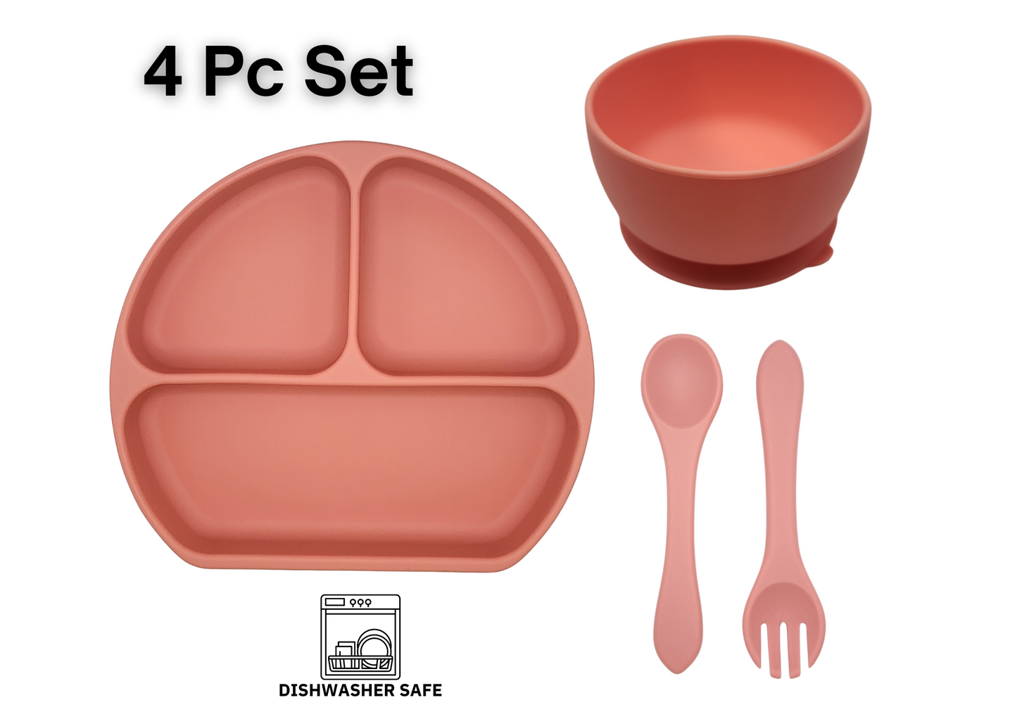 *Buy 3 Get 1 FREE* 4-Piece Silicone Baby Feeding Set| 1 Divided Suction Plate + 1 Suction Bowl + with Spoon and Fork| Baby Led Weaning Supplies Self Feeding Utensils| PINK GREEN