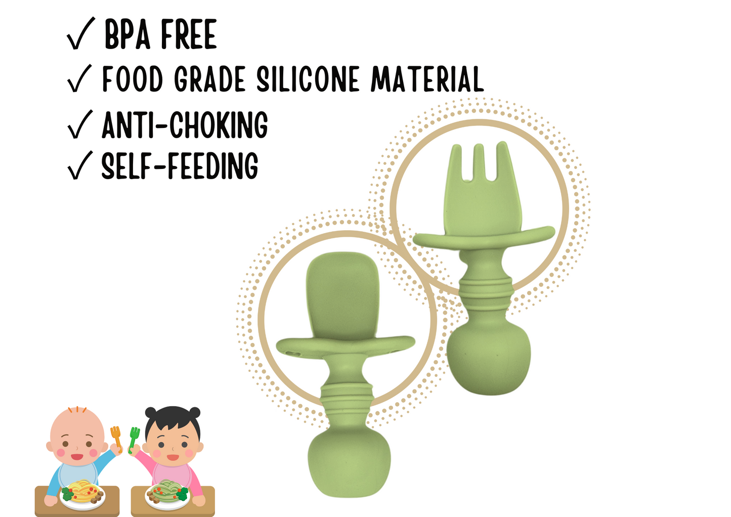 *BUY 3 GET 2 FREE* 2 Pack Silicone Baby Spoons and Fork Feeding Set- Anti-Choke First Self Feeding Utensils for Baby Led Weaning Ages 3 Months | GREY PINK GREEN