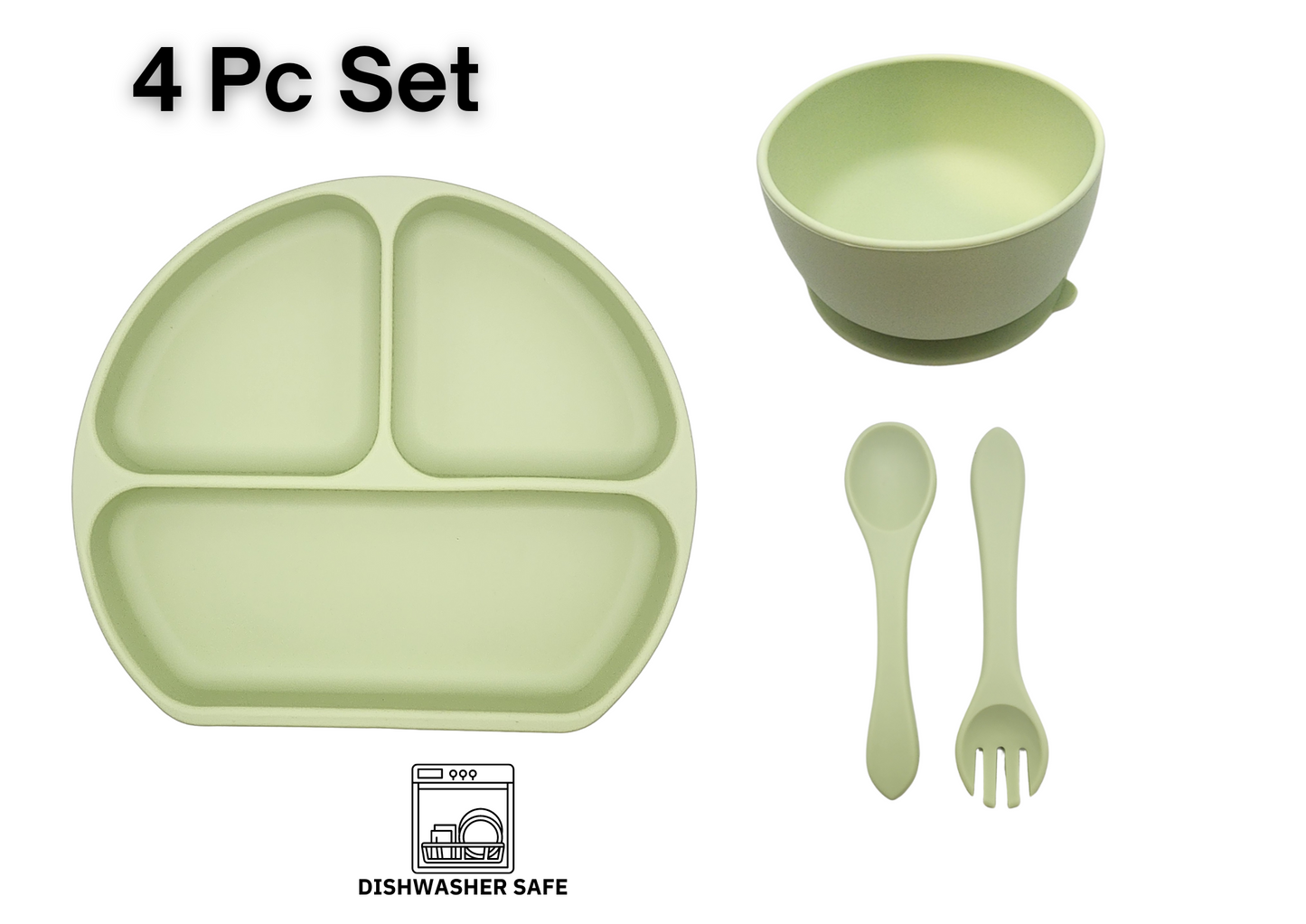 *Buy 3 Get 1 FREE* 4-Piece Silicone Baby Feeding Set| 1 Divided Suction Plate + 1 Suction Bowl + with Spoon and Fork| Baby Led Weaning Supplies Self Feeding Utensils| PINK GREEN