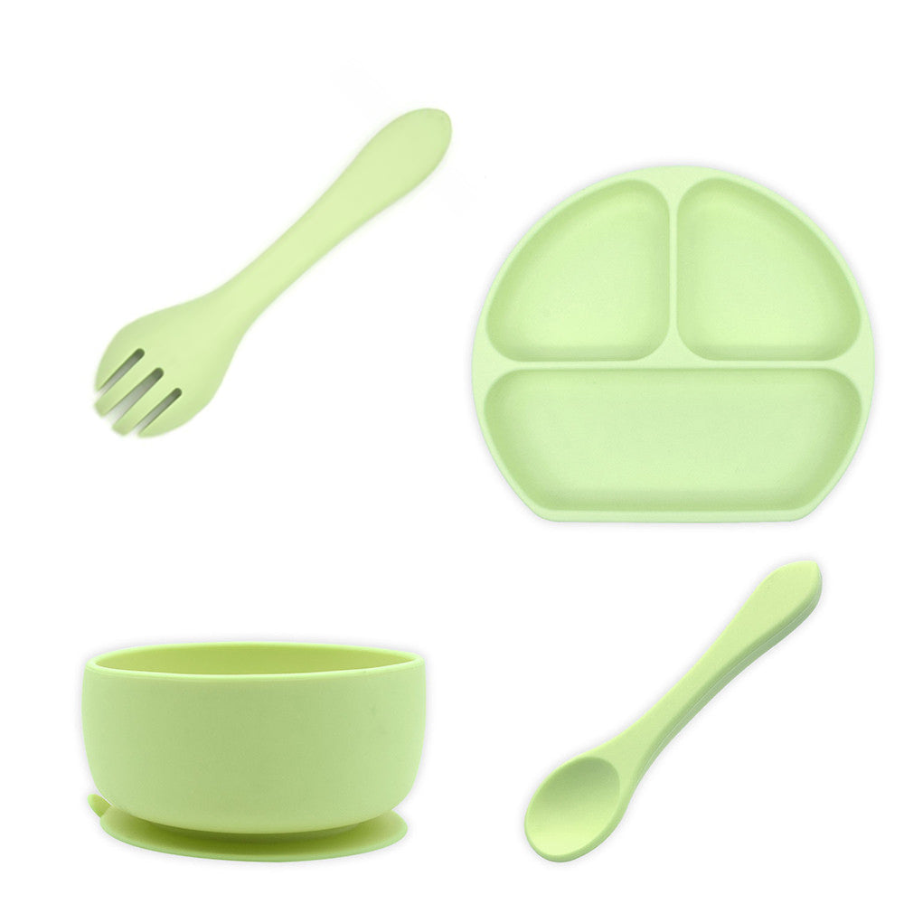 *Buy 3 Get 1 FREE* 4-Piece Silicone Baby Feeding Set| 1 Divided Suction Plate + 1 Suction Bowl + with Spoon and Fork| Baby Led Weaning Supplies Self Feeding Utensils| PINK GREEN