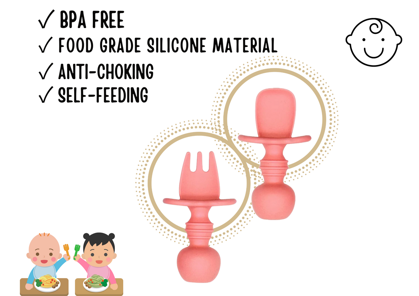 *BUY 3 GET 2 FREE* 2 Pack Silicone Baby Spoons and Fork Feeding Set- Anti-Choke First Self Feeding Utensils for Baby Led Weaning Ages 3 Months | GREY PINK GREEN