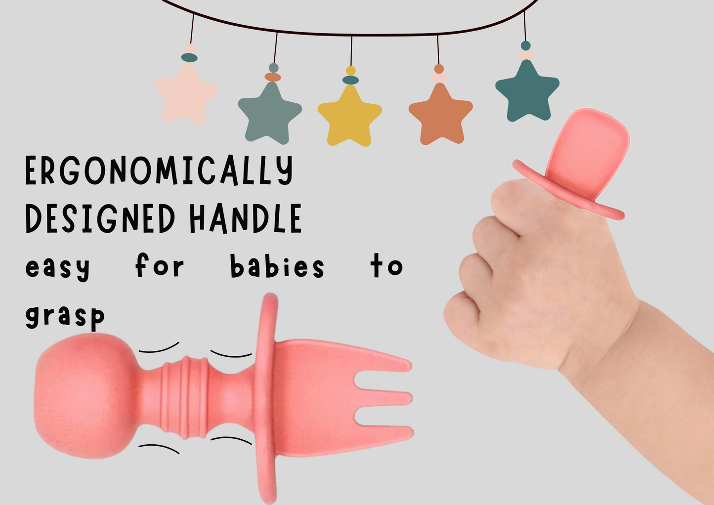 *BUY 3 GET 2 FREE* 2 Pack Silicone Baby Spoons and Fork Feeding Set- Anti-Choke First Self Feeding Utensils for Baby Led Weaning Ages 3 Months | GREY PINK GREEN