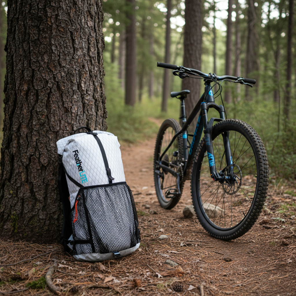 70L Dyneema Ultra Light backpack leaning on tree on hiking trail